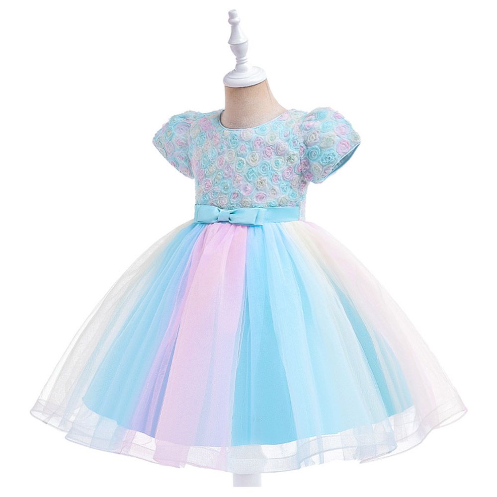 Sugar Rush - Appliqued Short Sleeves Party Dress - Blue