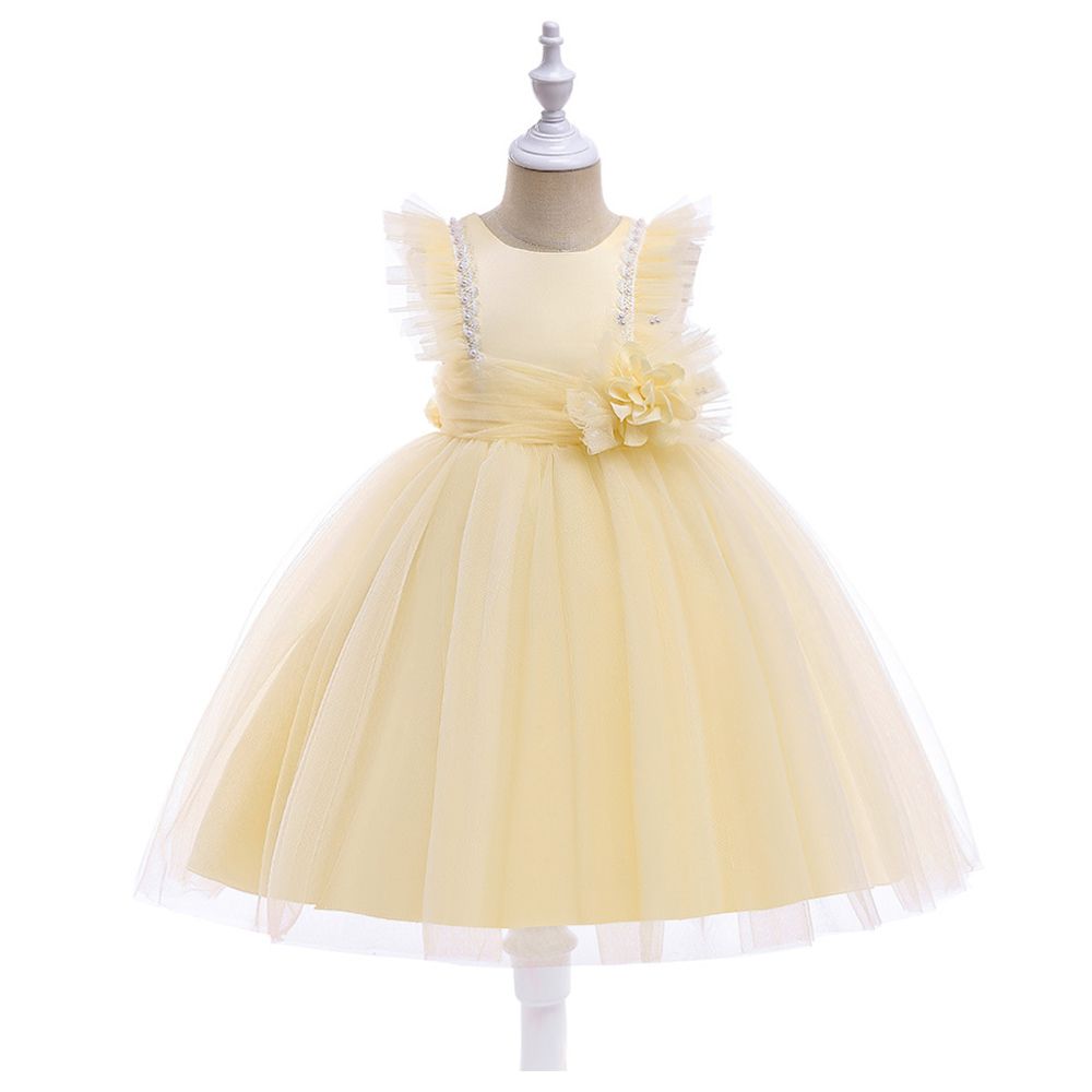 Sugar Rush - Appliqued Round Neck Sleeveless Party Dress - Yellow