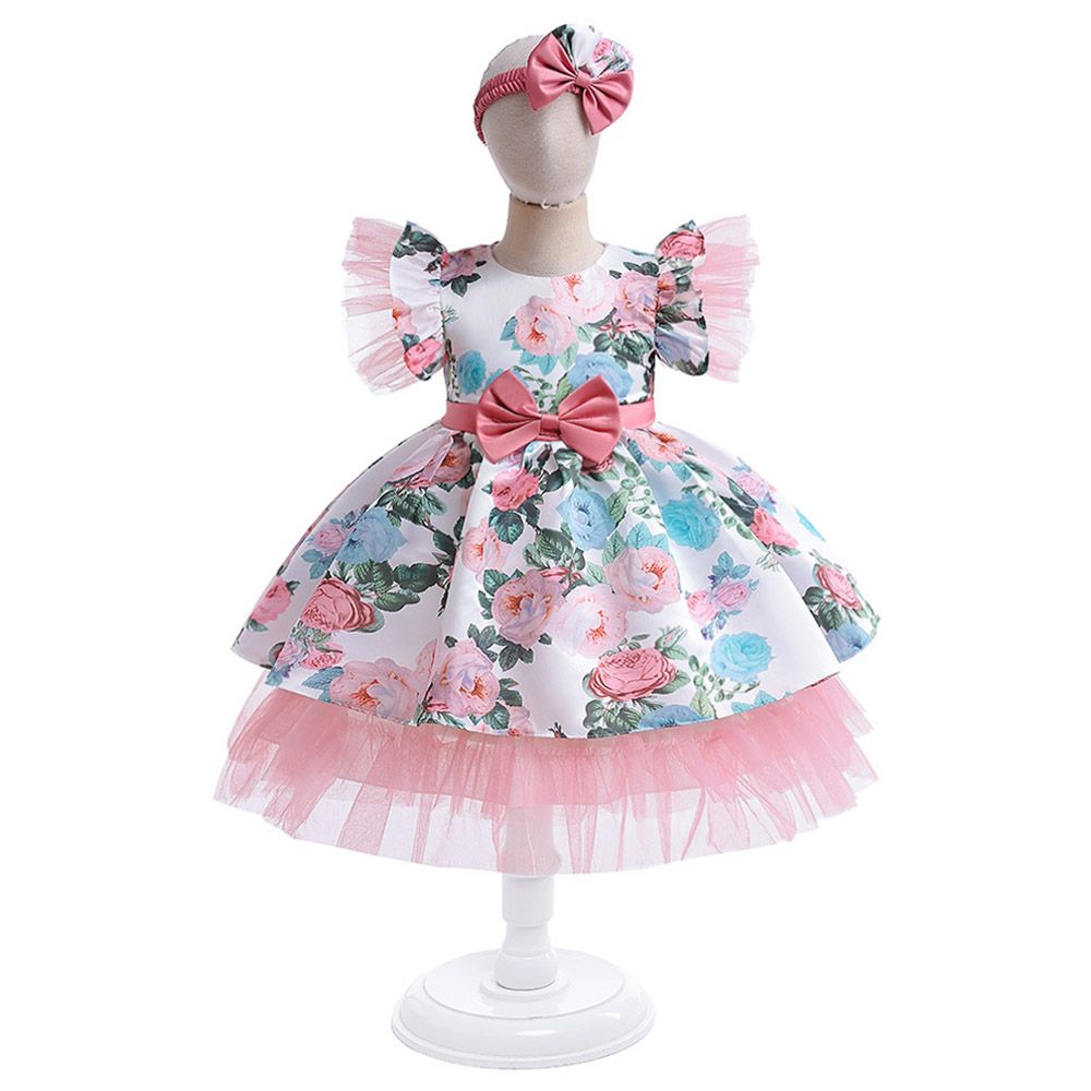 Sugar Rush - Floral Round Neck Cap Sleeves Party Dress - Pink