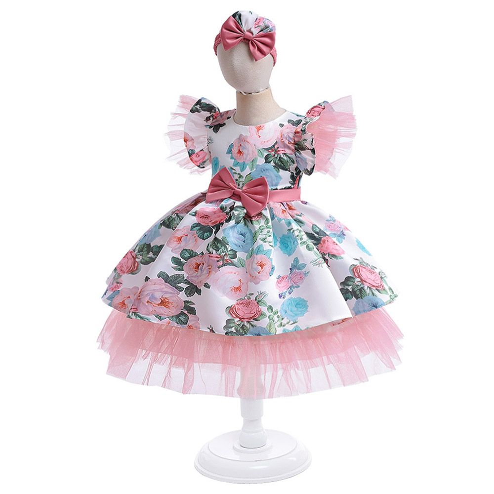 Sugar Rush - Floral Round Neck Cap Sleeves Party Dress - Pink