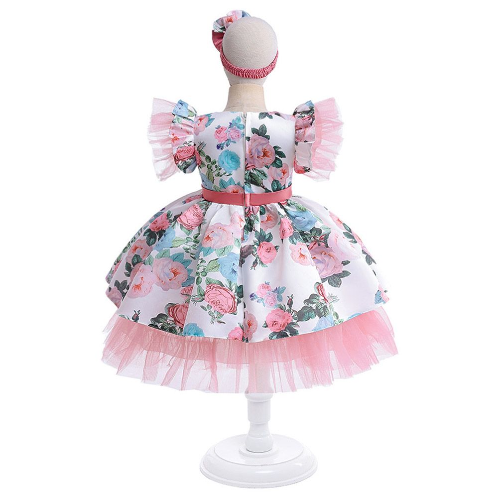 Sugar Rush - Floral Round Neck Cap Sleeves Party Dress - Pink