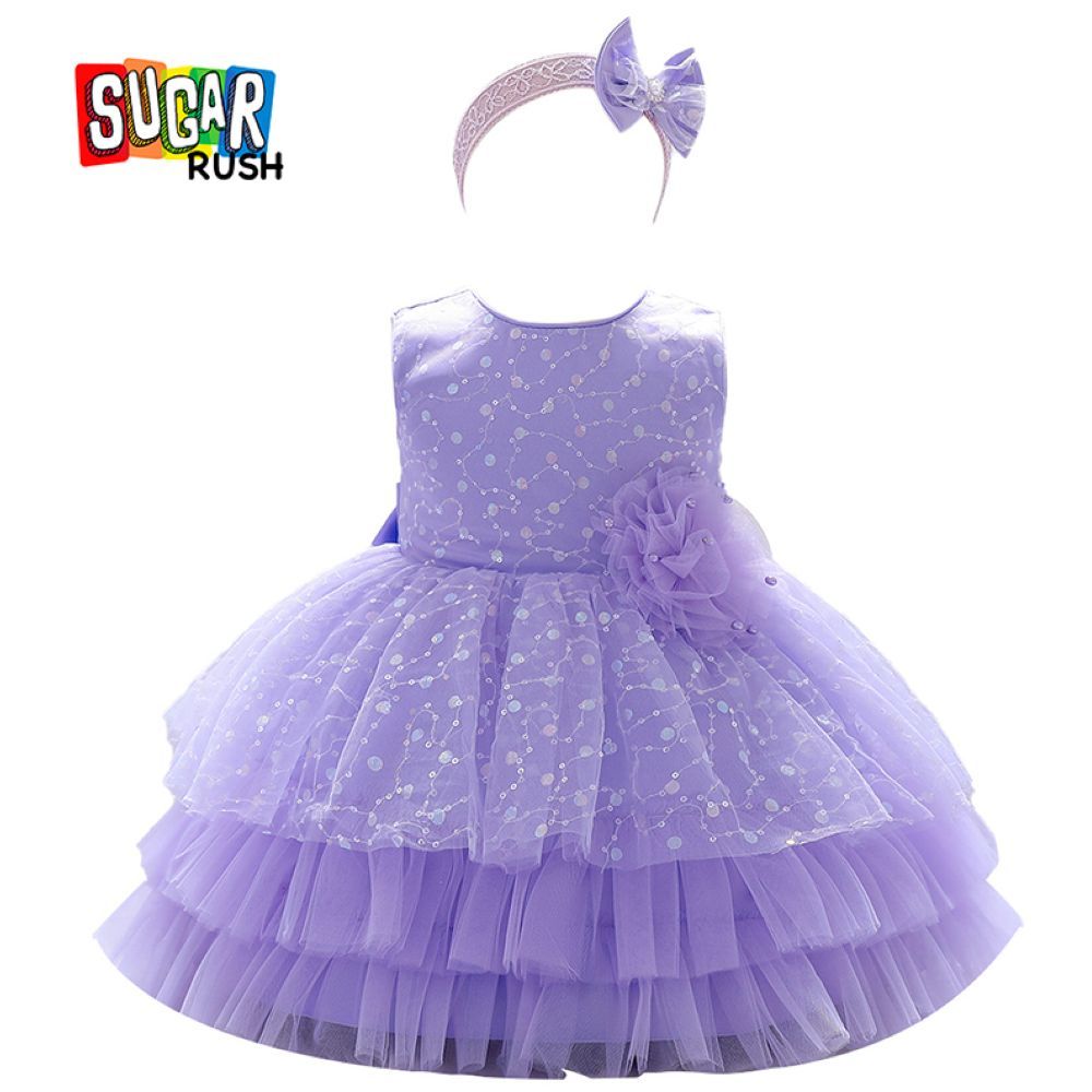 Sugar Rush - Appliqued Round Neck Sleeveless Party Dress - Purple