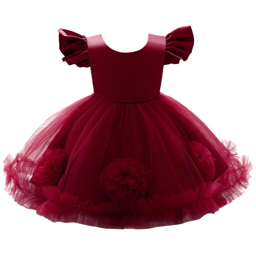 Sugar Rush - Laced Round Neck Cap Sleeves Party Dress - Maroon