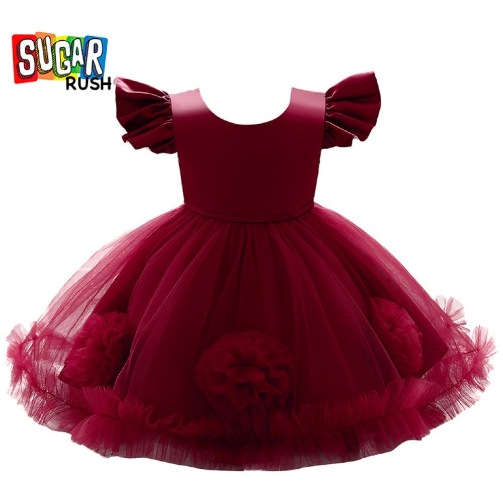 Sugar Rush - Laced Round Neck Cap Sleeves Party Dress - Maroon