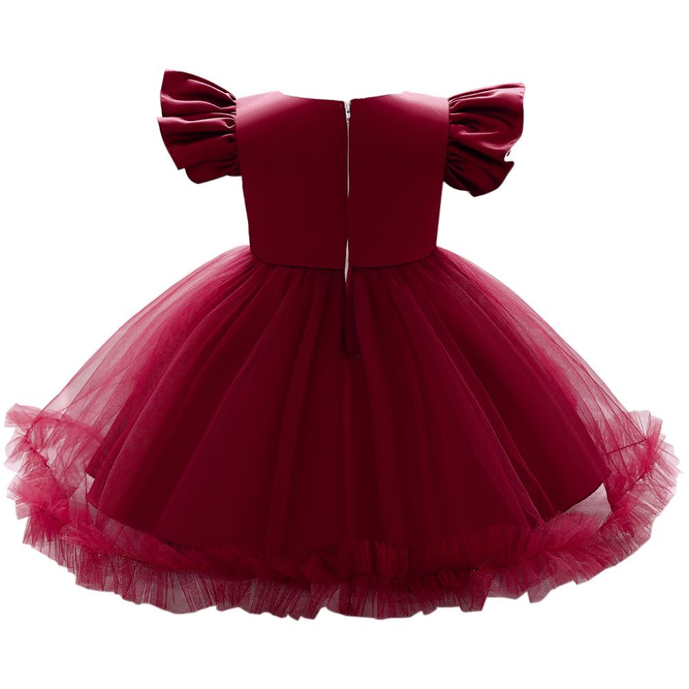 Sugar Rush - Laced Round Neck Cap Sleeves Party Dress - Maroon