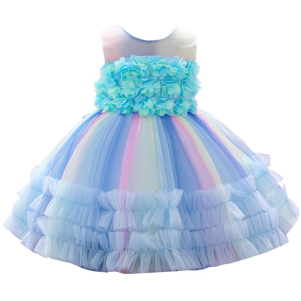 Sugar Rush - Appliqued Regular Round Neck Sleeveless Party Dress - Blue