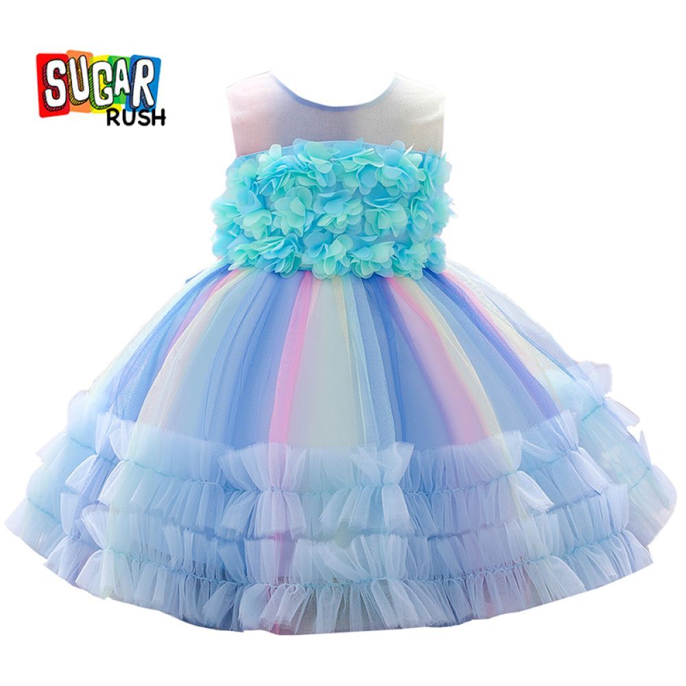 Sugar Rush - Appliqued Regular Round Neck Sleeveless Party Dress - Blue