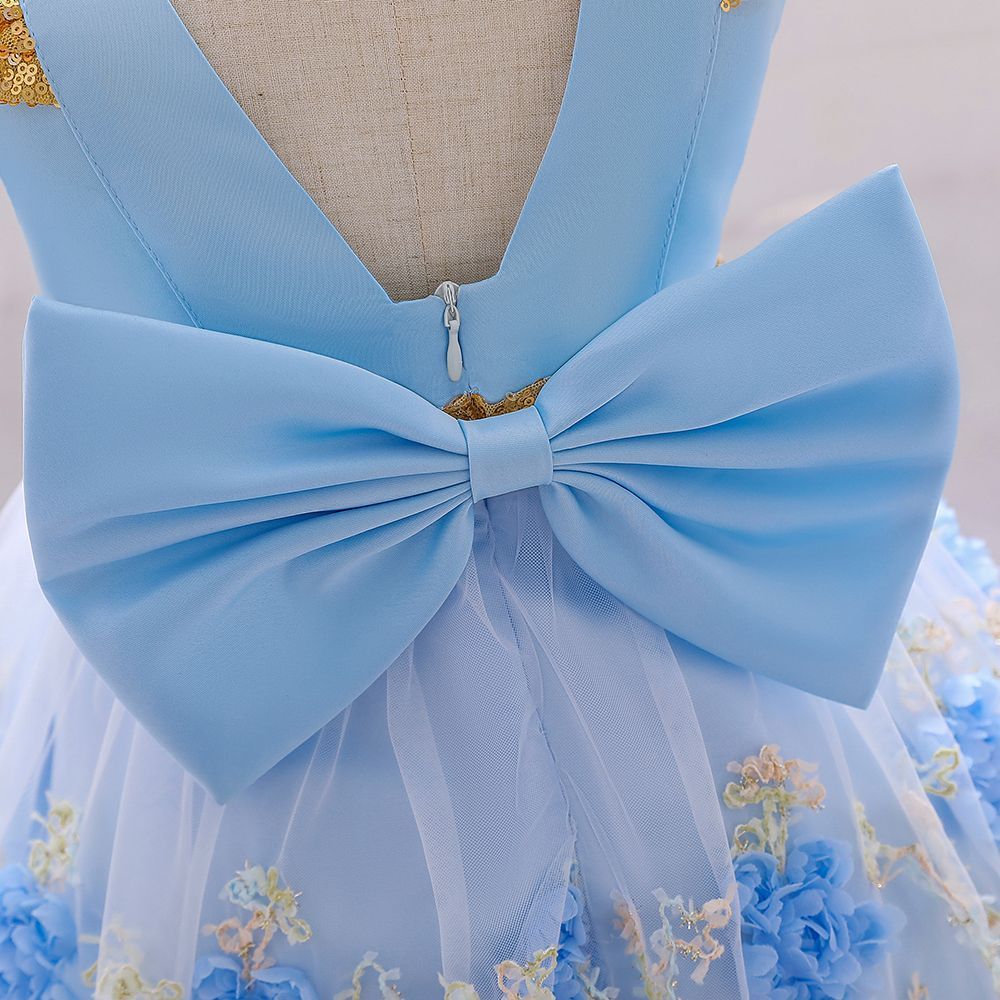 Sugar Rush - Appliqued Party Dress W/ Bow - Blue