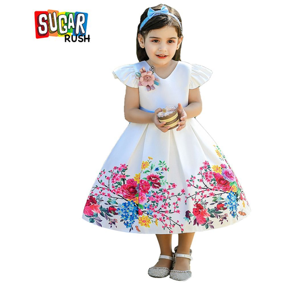 Sugar Rush - Printed Regular V-neck Cap Sleeves Party Dress - White