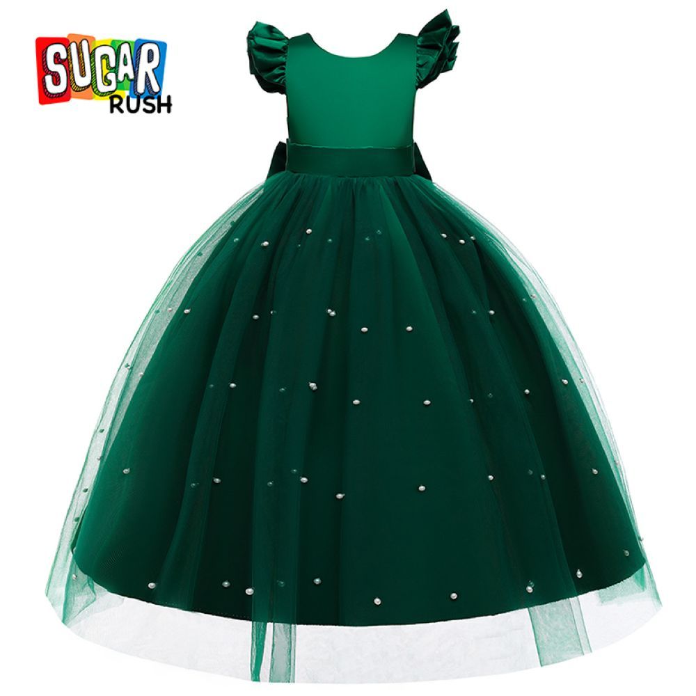 Sugar Rush - Laced Regular Round Neck Cap Sleeves Party Dress - Green