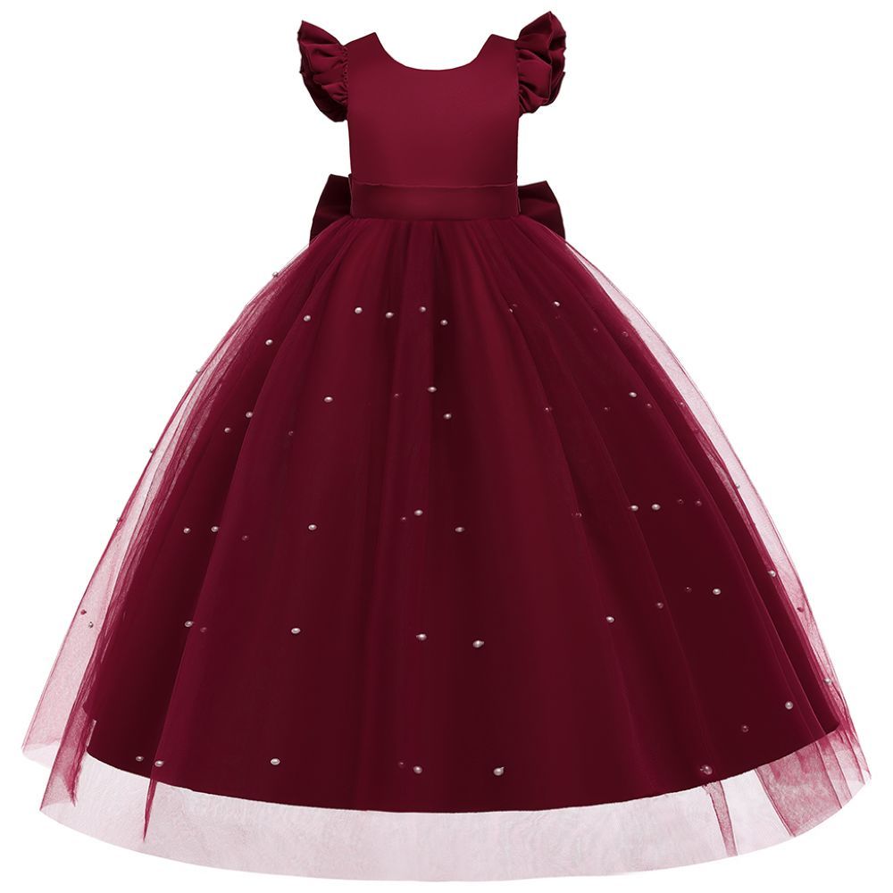 Sugar Rush - Laced Regular Round Neck Cap Sleeves Party Dress - Maroon