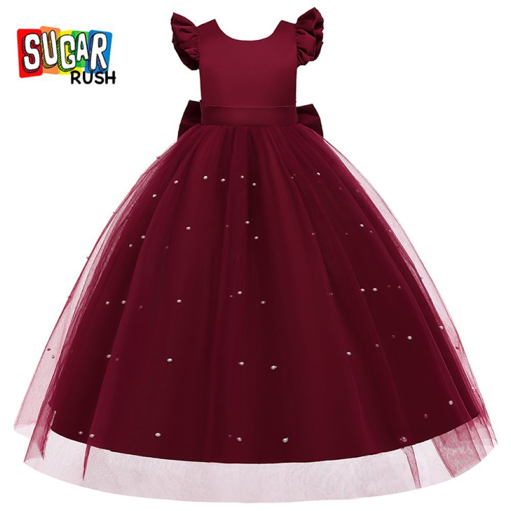 Sugar Rush - Laced Regular Round Neck Cap Sleeves Party Dress - Maroon