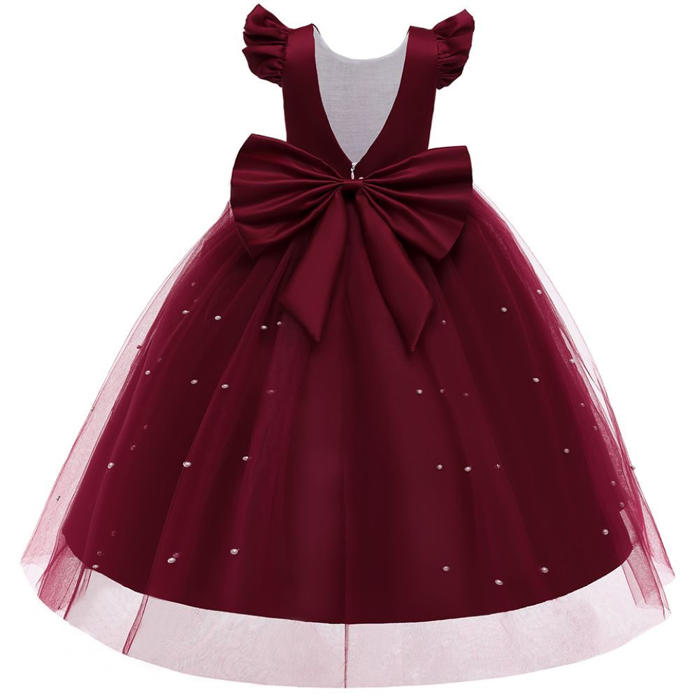 Sugar Rush - Laced Regular Round Neck Cap Sleeves Party Dress - Maroon