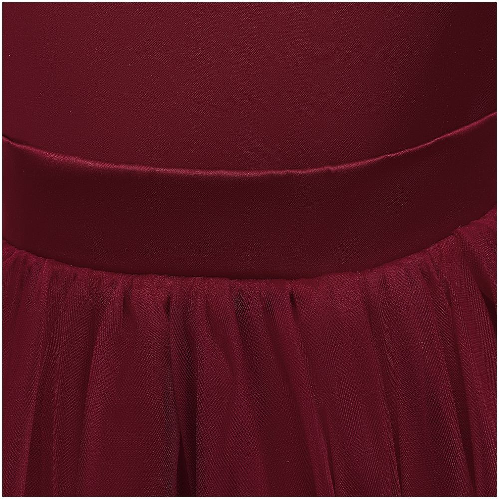 Sugar Rush - Laced Regular Round Neck Cap Sleeves Party Dress - Maroon