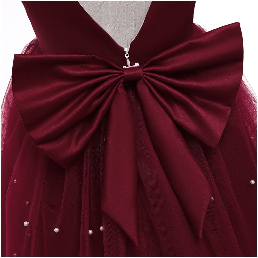 Sugar Rush - Laced Regular Round Neck Cap Sleeves Party Dress - Maroon