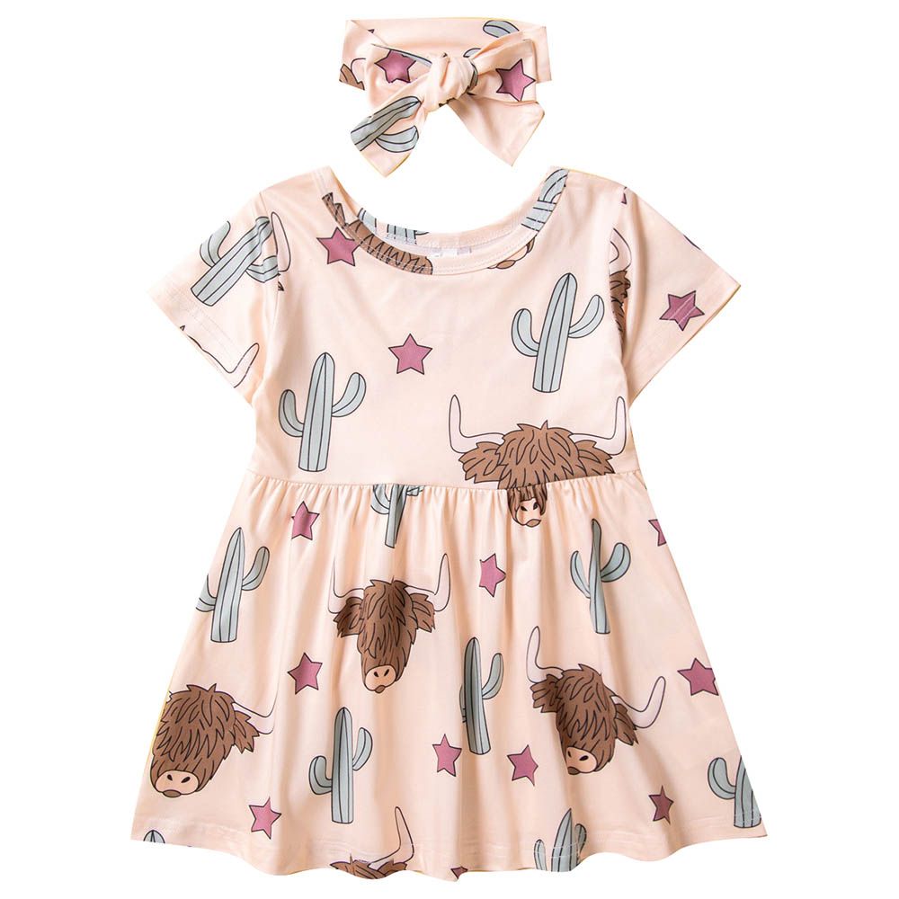 Sugar Rush - Printed Round Neck Short Sleeves Dress - Beige