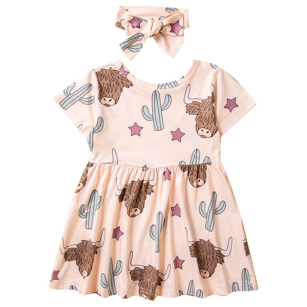 Sugar Rush - Printed Round Neck Short Sleeves Dress - Beige