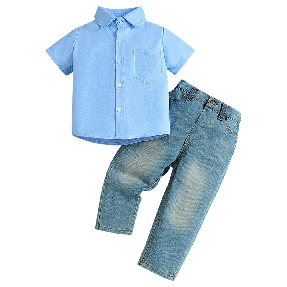 Sugar Rush - 2pc-Set - Solid Short Sleeves Shirt & Jeans - Blue