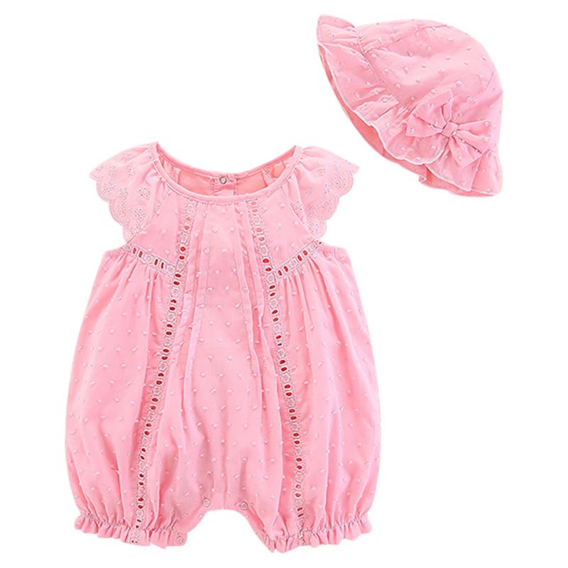 Sugar Rush - Appliqued Romper With Bow Hat - Pink