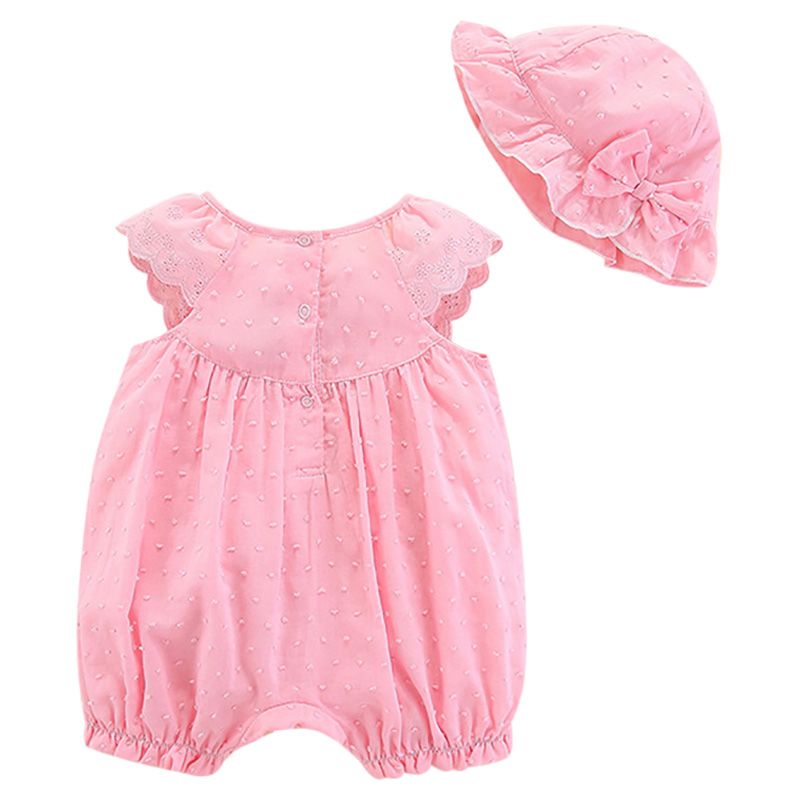 Sugar Rush - Appliqued Romper With Bow Hat - Pink