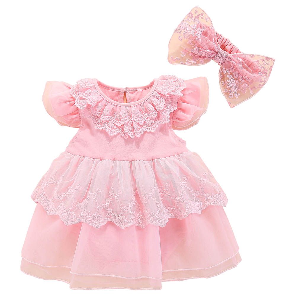 Sugar Rush - Laced Romper With Bow Headband - Pink