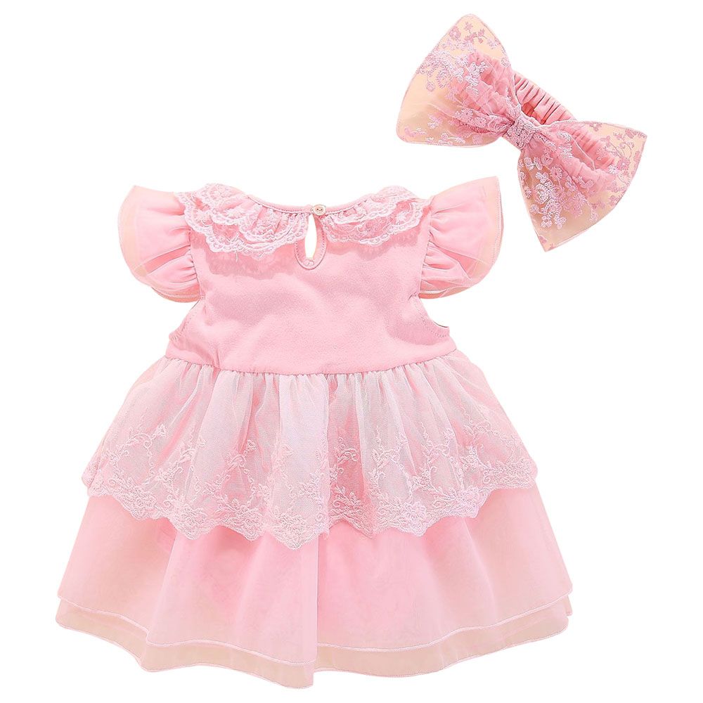 Sugar Rush - Laced Romper With Bow Headband - Pink