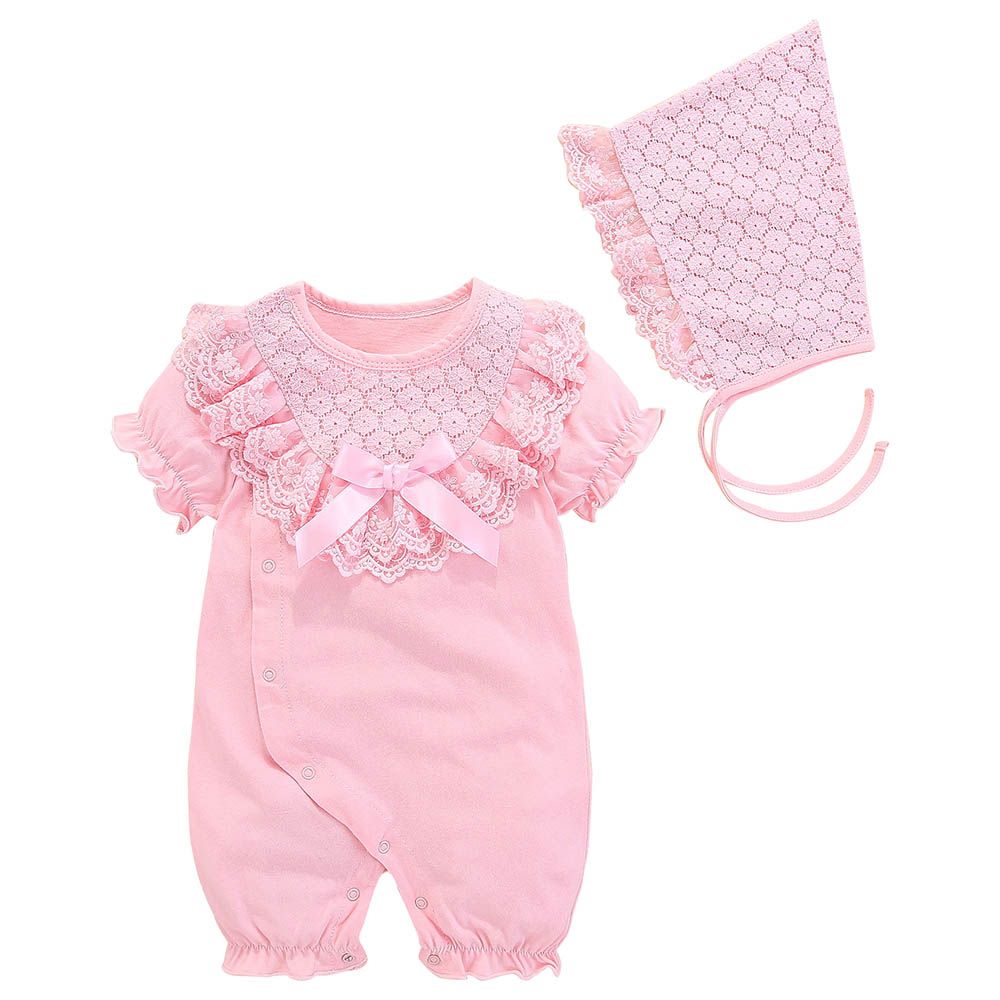 Sugar Rush - Laced Short Sleeves Romper - Pink