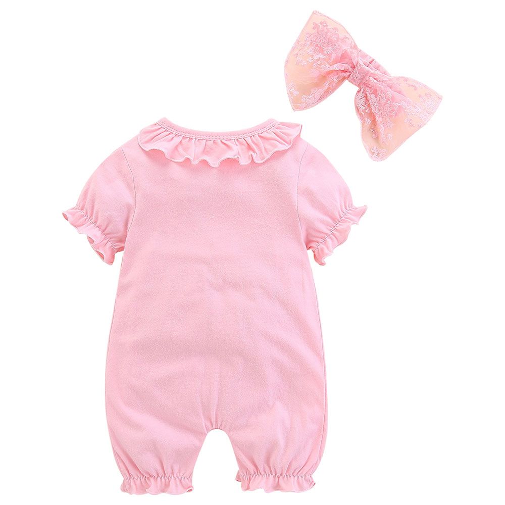 Sugar Rush - Embroidered Romper With Bow Headband - Pink