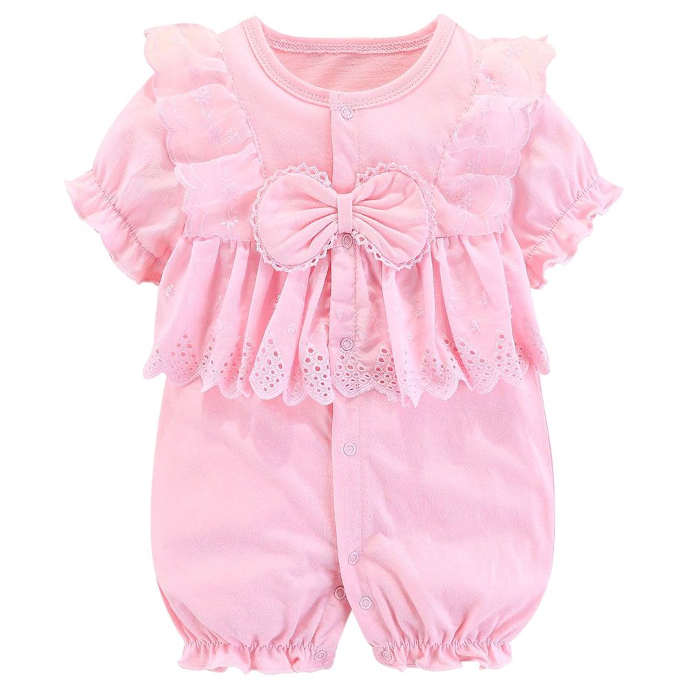 Sugar Rush - Embroidered Short Sleeves Romper - Pink