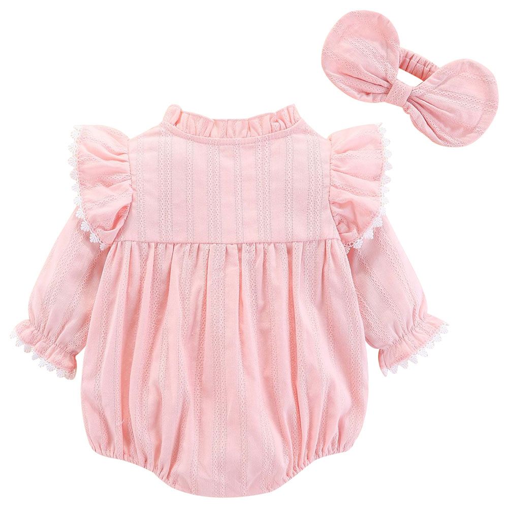 Sugar Rush - Round Neck Embroidered Romper - Pink