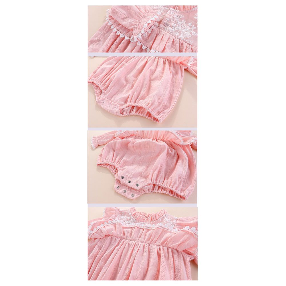 Sugar Rush - Round Neck Embroidered Romper - Pink