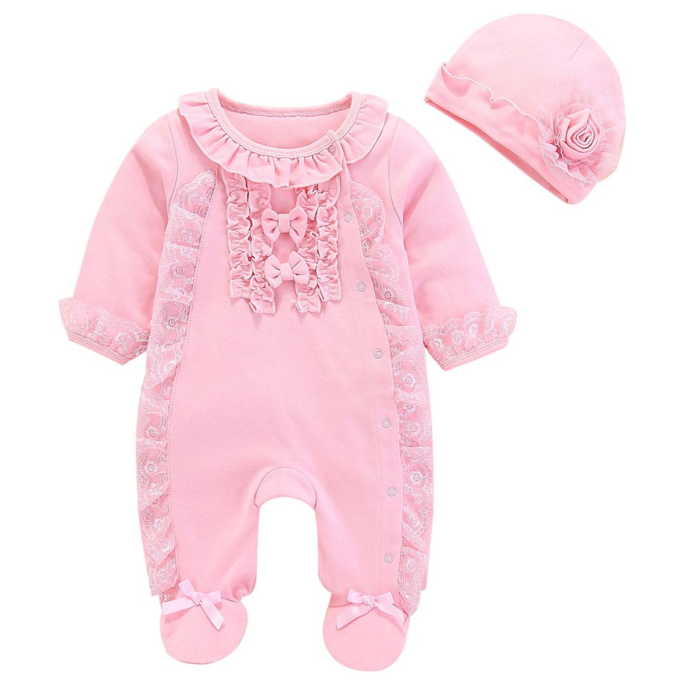 Sugar Rush - Appliqued Romper With Cap - Pink