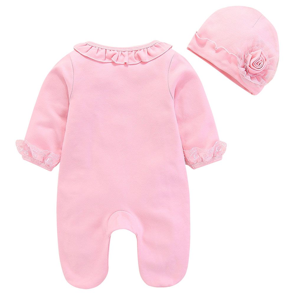 Sugar Rush - Appliqued Romper With Cap - Pink