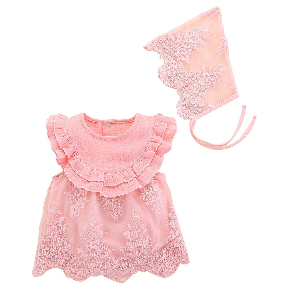 Sugar Rush - Lace Romper With Cap - Pink_0m-12m