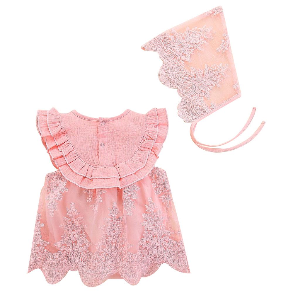 Sugar Rush - Lace Romper With Cap - Pink_0m-12m