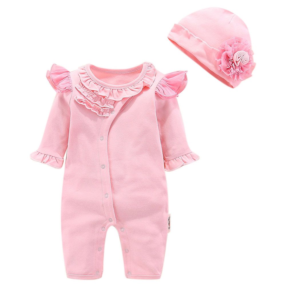 Sugar Rush - Appliqued Romper With Floral Cap - Pink