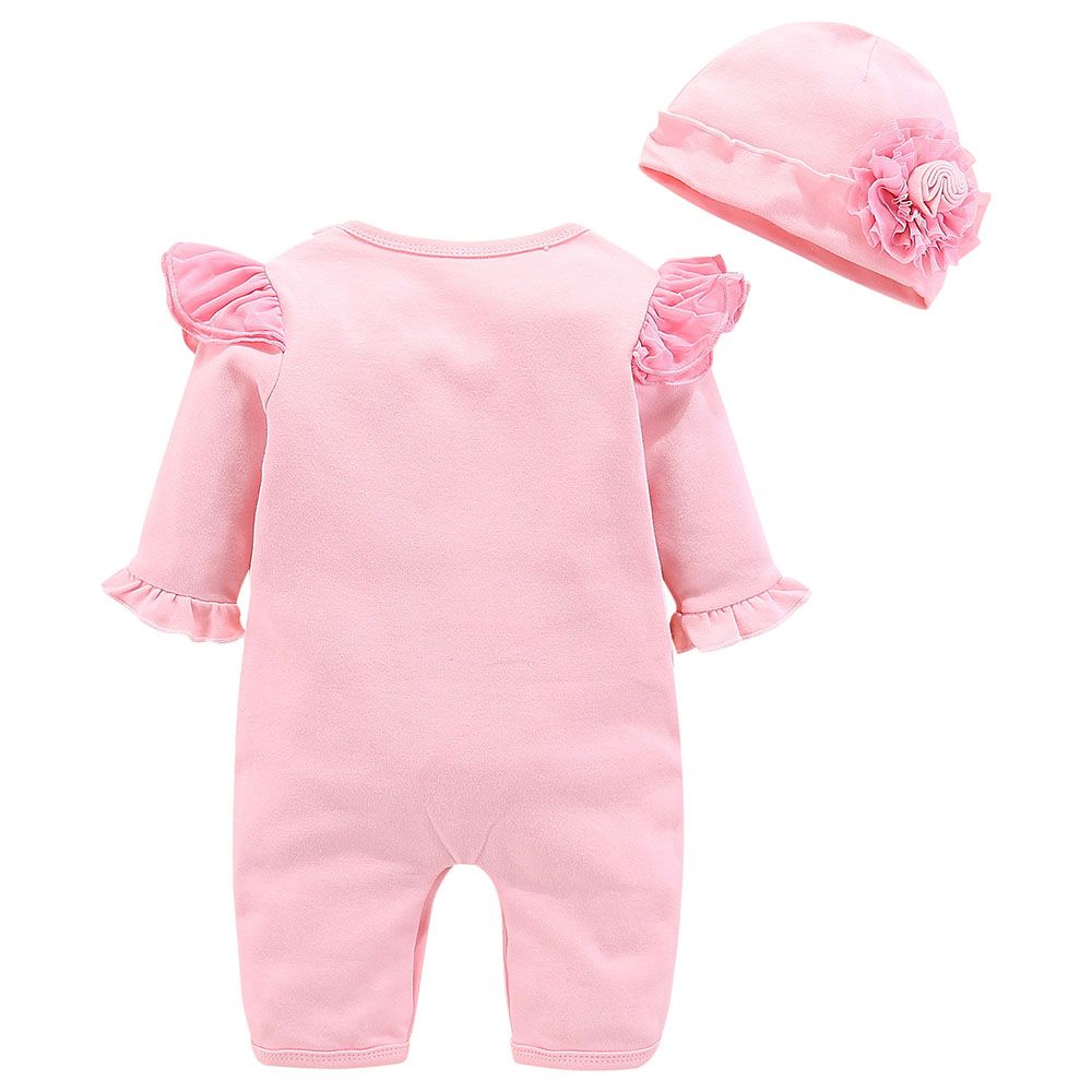 Sugar Rush - Appliqued Romper With Floral Cap - Pink