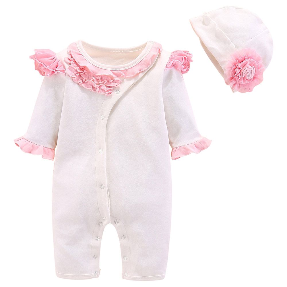 Sugar Rush - Appliqued Romper With Floral Cap - White