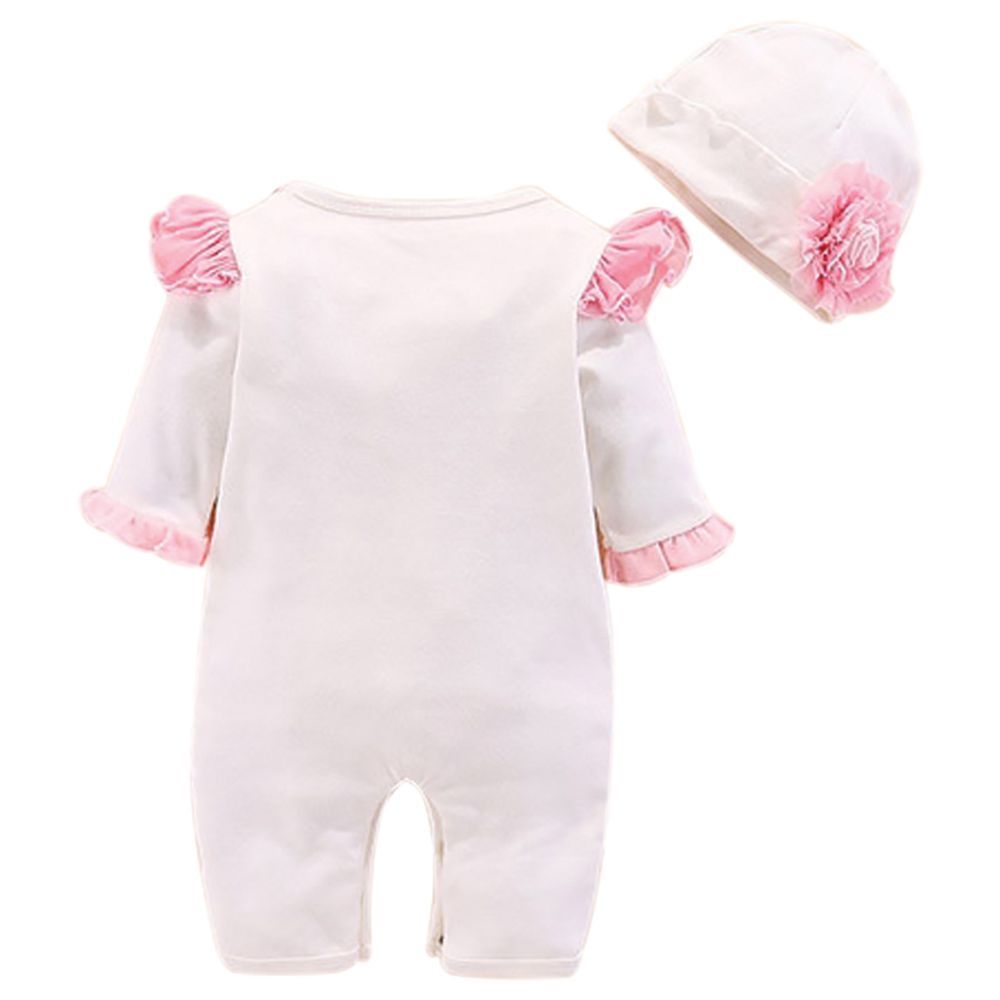 Sugar Rush - Appliqued Romper With Floral Cap - White