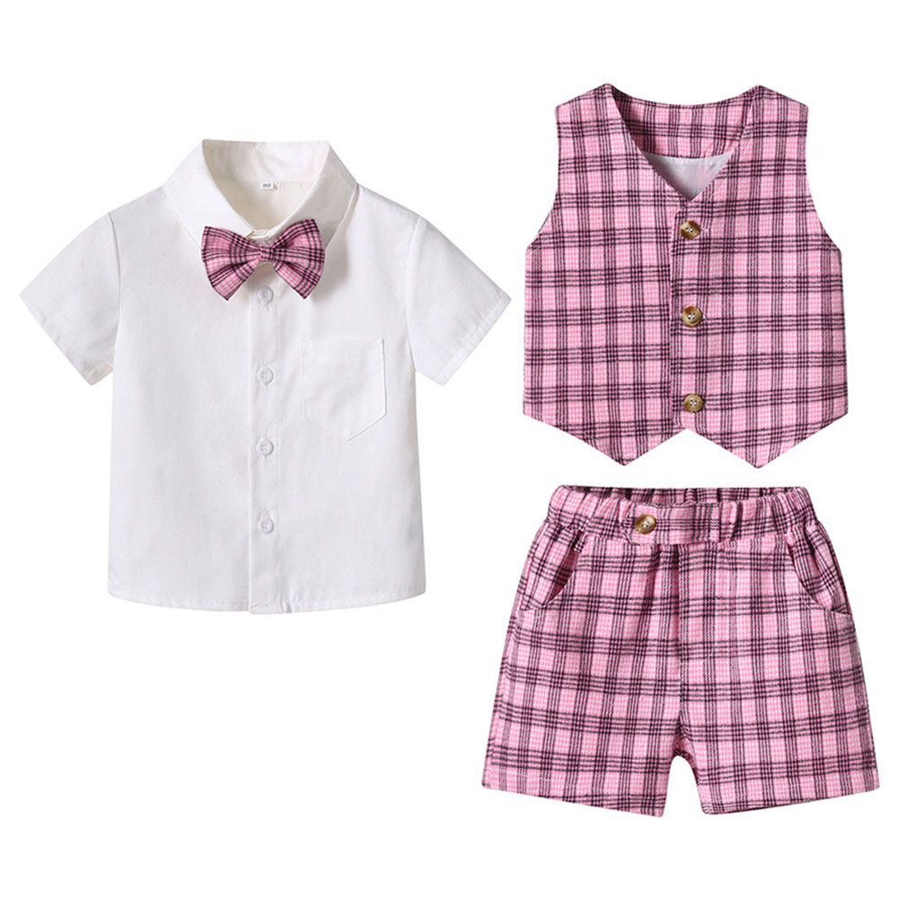 Sugar Rush - 3pc-set - Checked Short Sleeves Party Wear - Pink