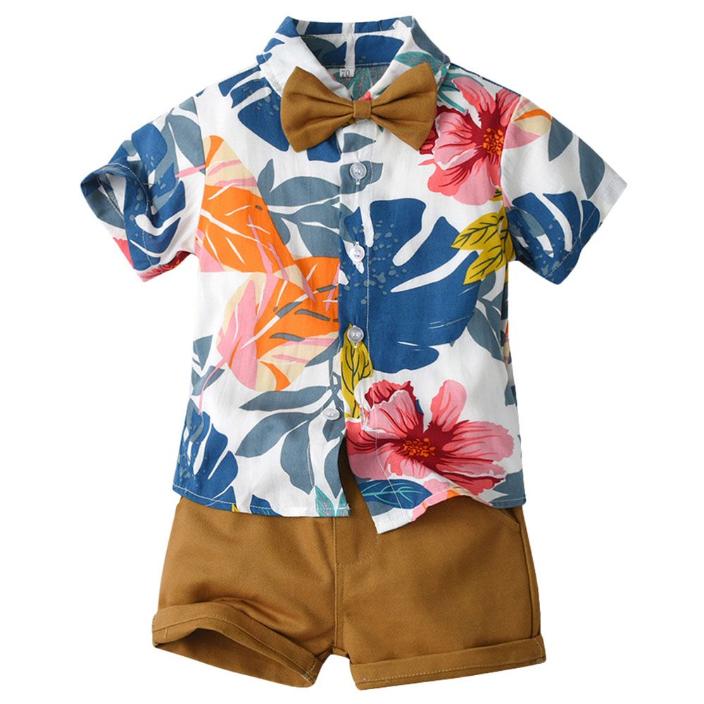 Sugar Rush - 2pc-set - Printed Solid Shirt & Shorts - Brown