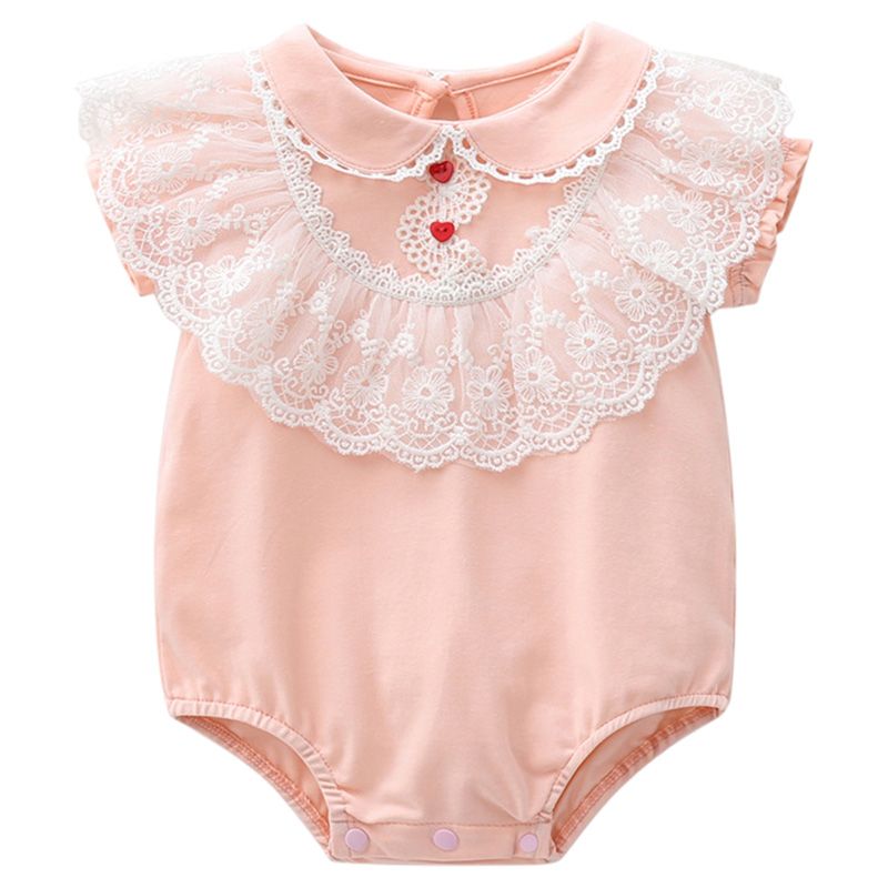 Sugar Rush - Laced Round Neck Short Sleeves Bodysuit - Pink