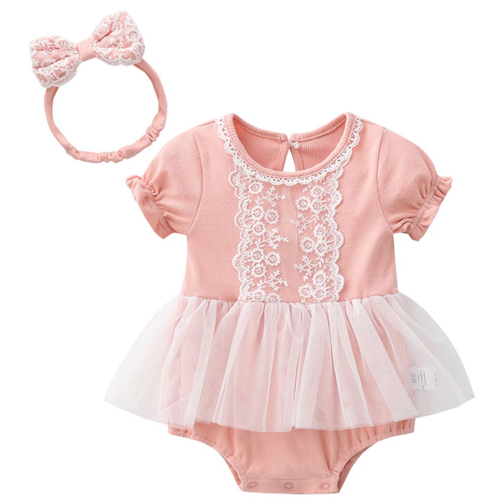 Sugar Rush - Laced Short Sleeves Bodysuit - Light Pink