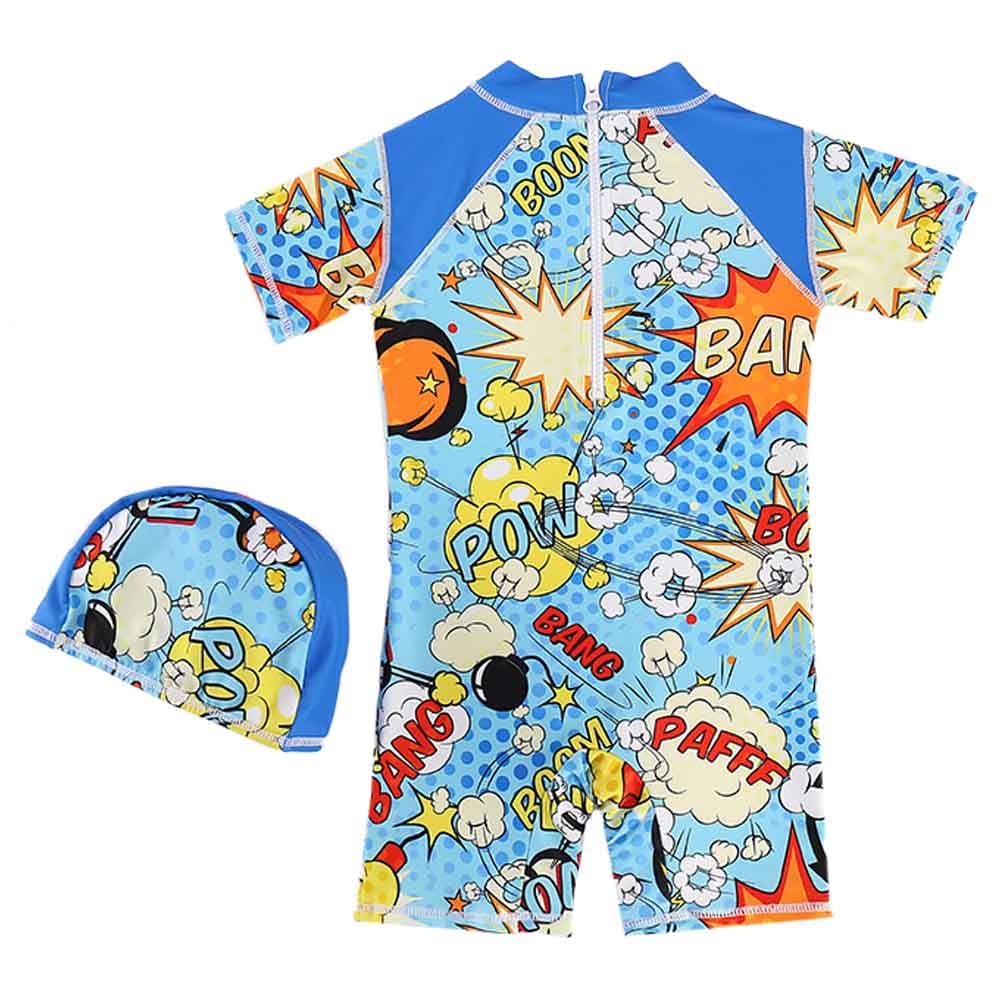 Sugar Rush - 2pc-Set - Printed Swimsuit & Cap - Blue