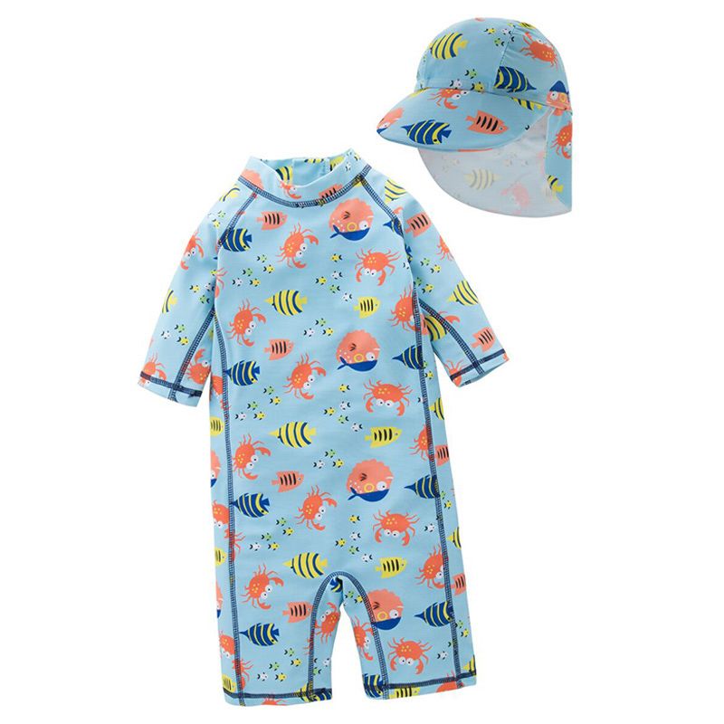 Super Cute - Blue Fish-Themed 1-pc Wetsuit + Swimcap