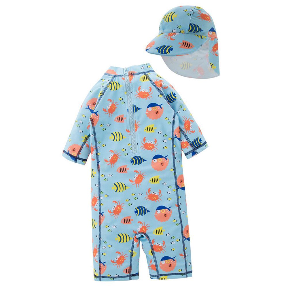 Super Cute - Blue Fish-Themed 1-pc Wetsuit + Swimcap