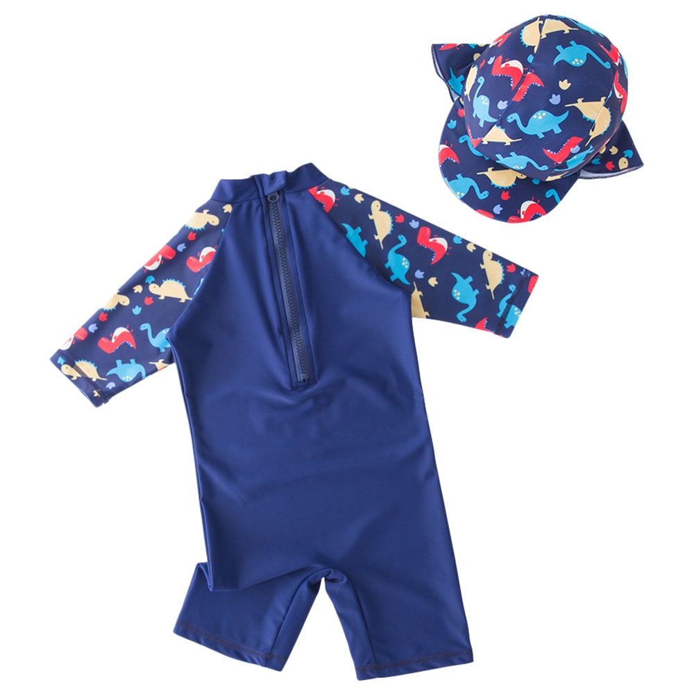 Sugar Rush - Dino Printed Swimsuit With Cap - Navy