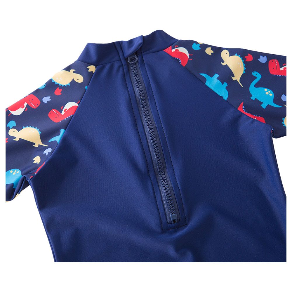 Sugar Rush - Dino Printed Swimsuit With Cap - Navy