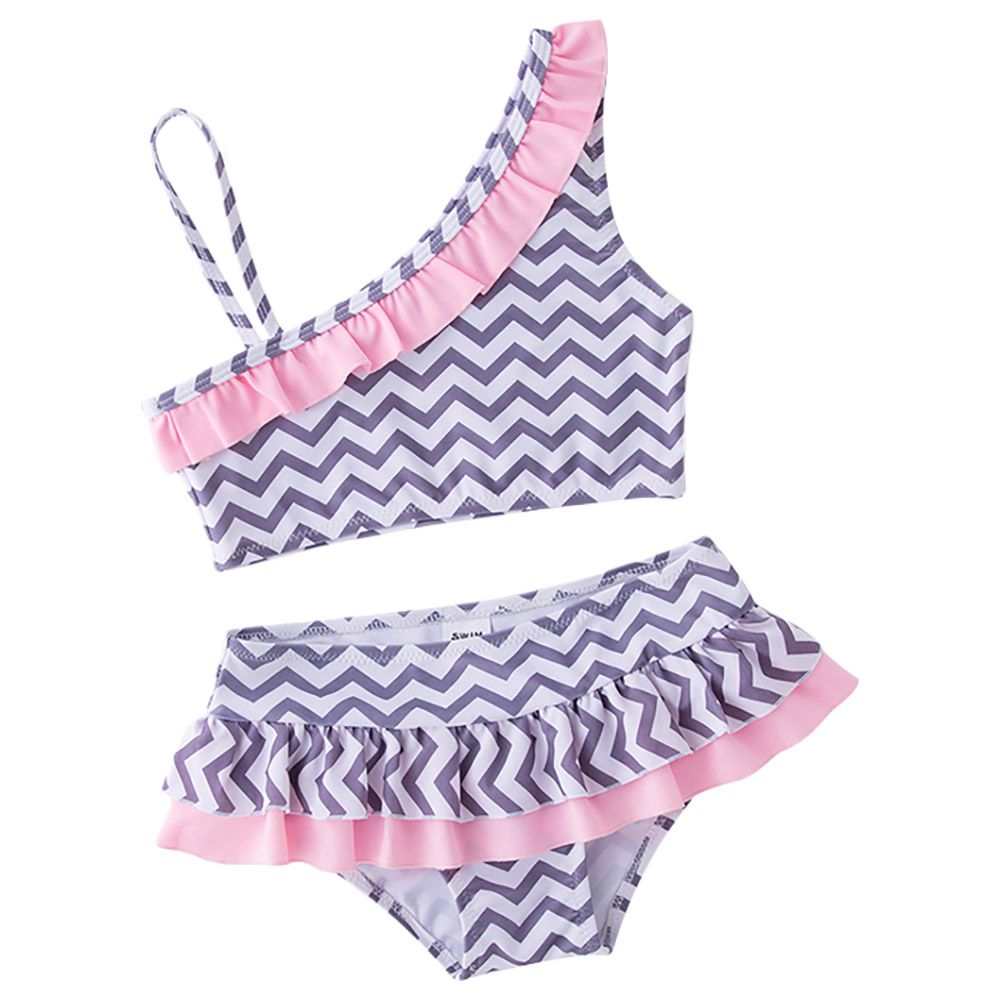 Super Cute - Striped Two-Piece Swimsuit - Pink