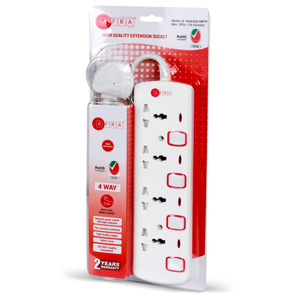 AFRA - Universal Extension Cord W/ 4 Sockets & Cable 5 Meter